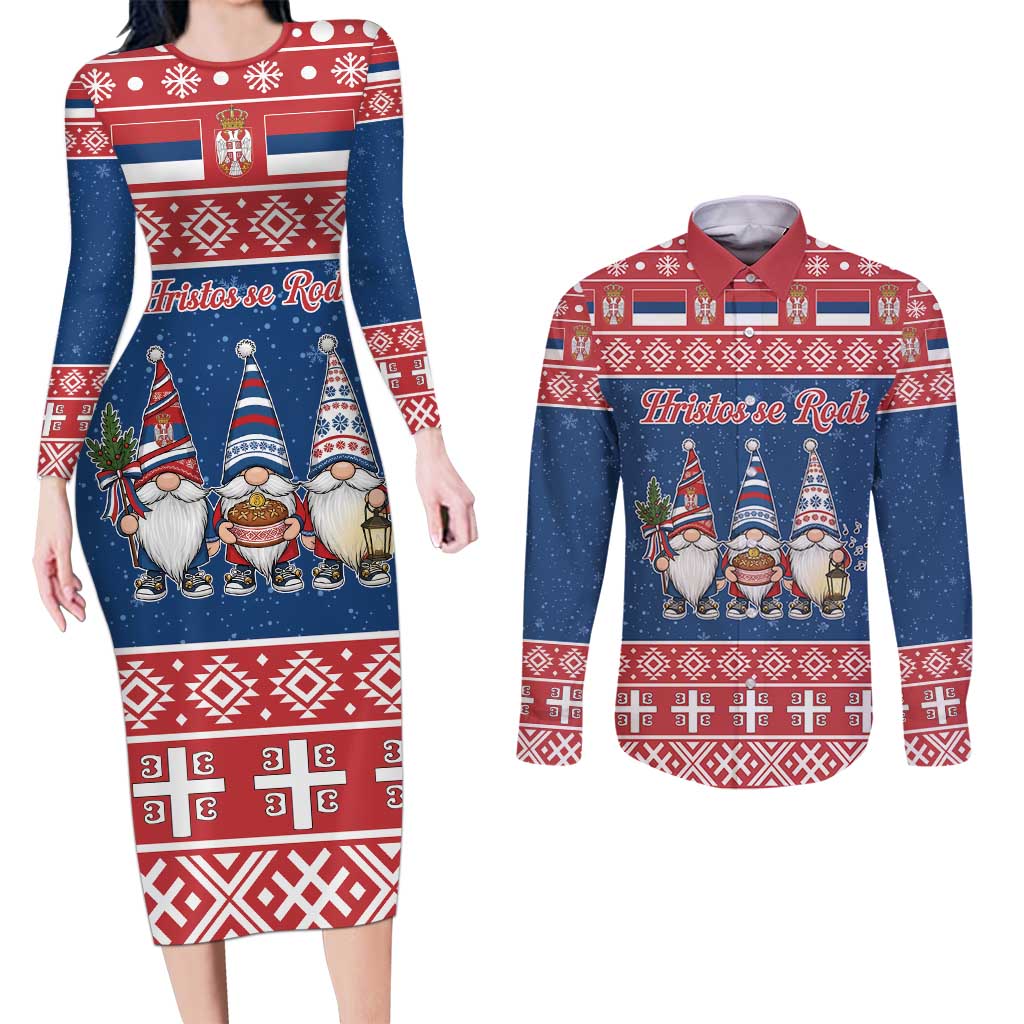 Serbia Christmas Couples Matching Long Sleeve Bodycon Dress and Long Sleeve Button Shirt Hristos Se Rodi Gnome - Wonder Print Shop