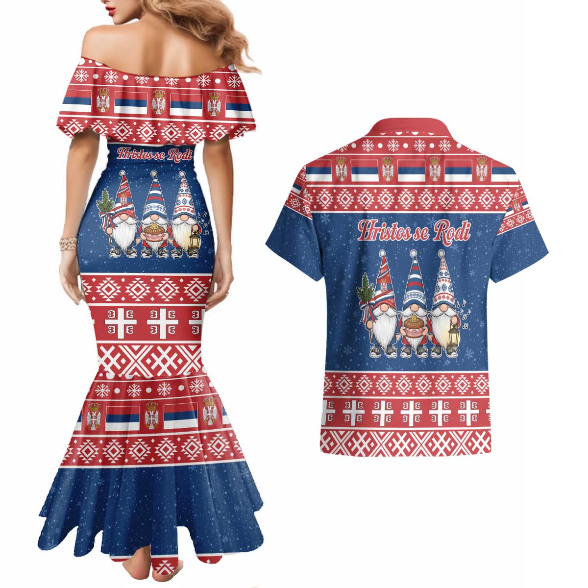 Serbia Christmas Couples Matching Mermaid Dress and Hawaiian Shirt Hristos Se Rodi Gnome - Wonder Print Shop