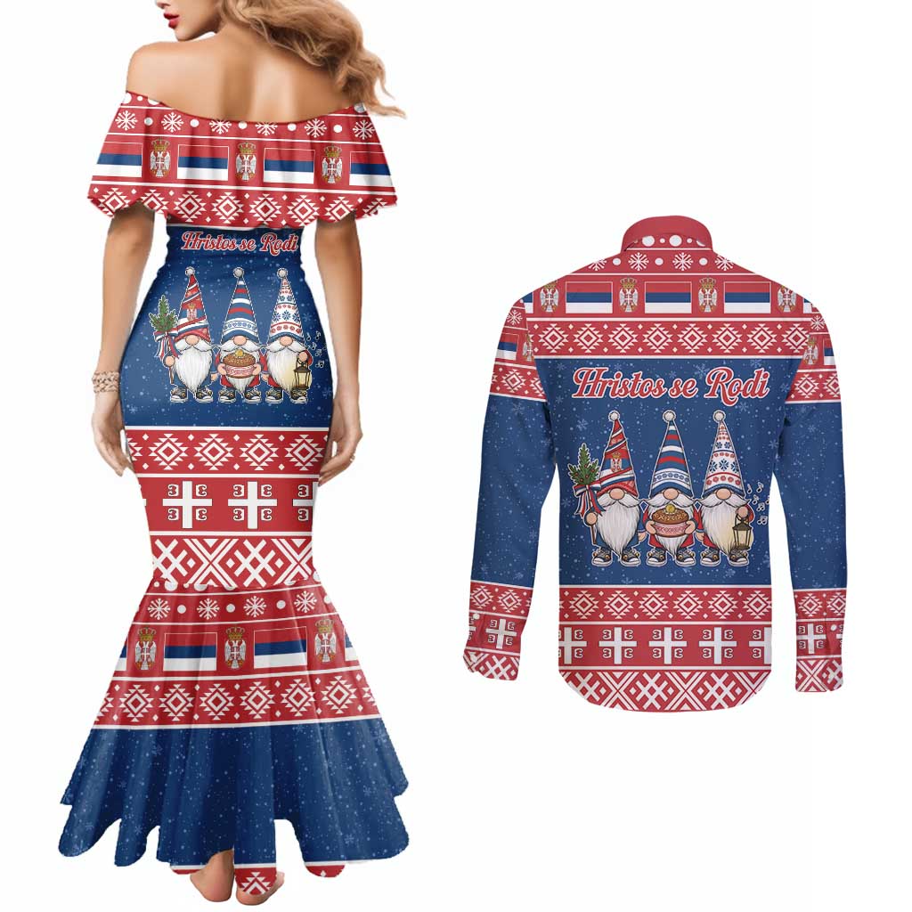 Serbia Christmas Couples Matching Mermaid Dress and Long Sleeve Button Shirt Hristos Se Rodi Gnome - Wonder Print Shop