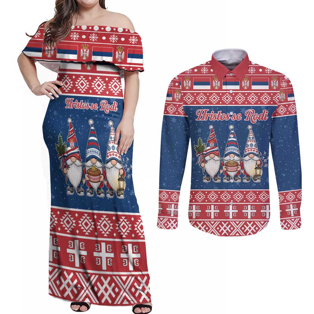Serbia Christmas Couples Matching Off Shoulder Maxi Dress and Long Sleeve Button Shirt Hristos Se Rodi Gnome - Wonder Print Shop