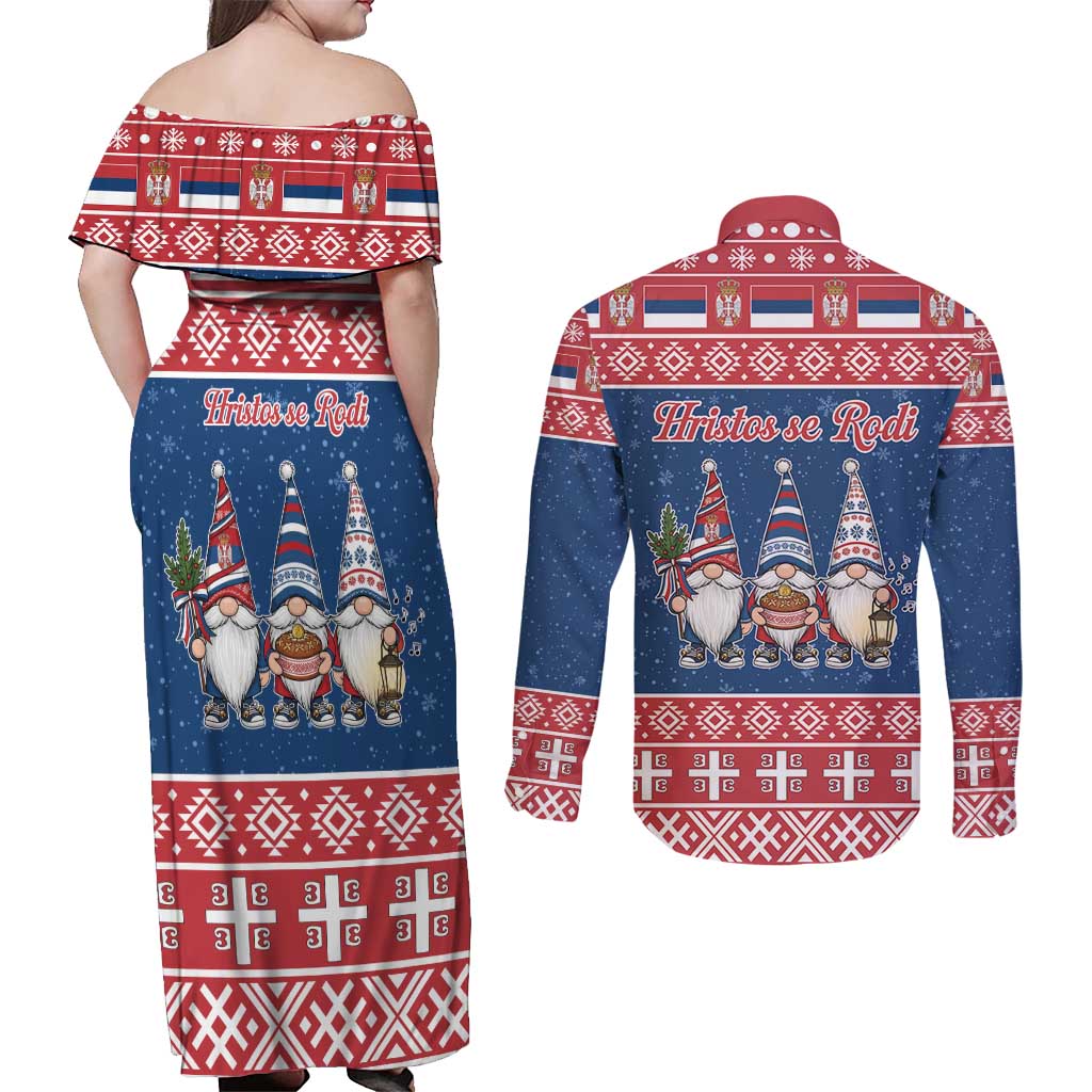 Serbia Christmas Couples Matching Off Shoulder Maxi Dress and Long Sleeve Button Shirt Hristos Se Rodi Gnome - Wonder Print Shop