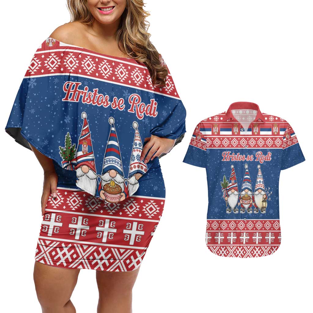 Serbia Christmas Couples Matching Off Shoulder Short Dress and Hawaiian Shirt Hristos Se Rodi Gnome - Wonder Print Shop