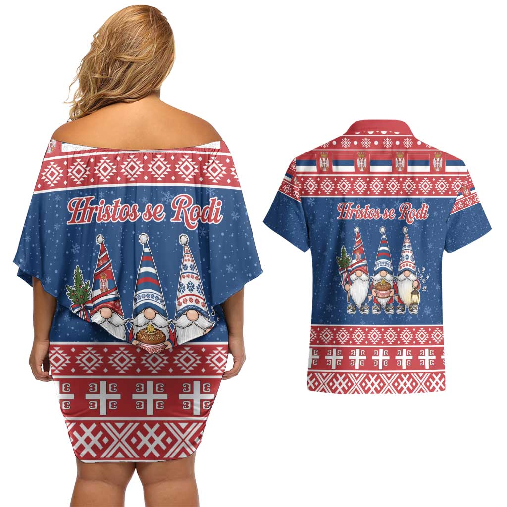 Serbia Christmas Couples Matching Off Shoulder Short Dress and Hawaiian Shirt Hristos Se Rodi Gnome - Wonder Print Shop