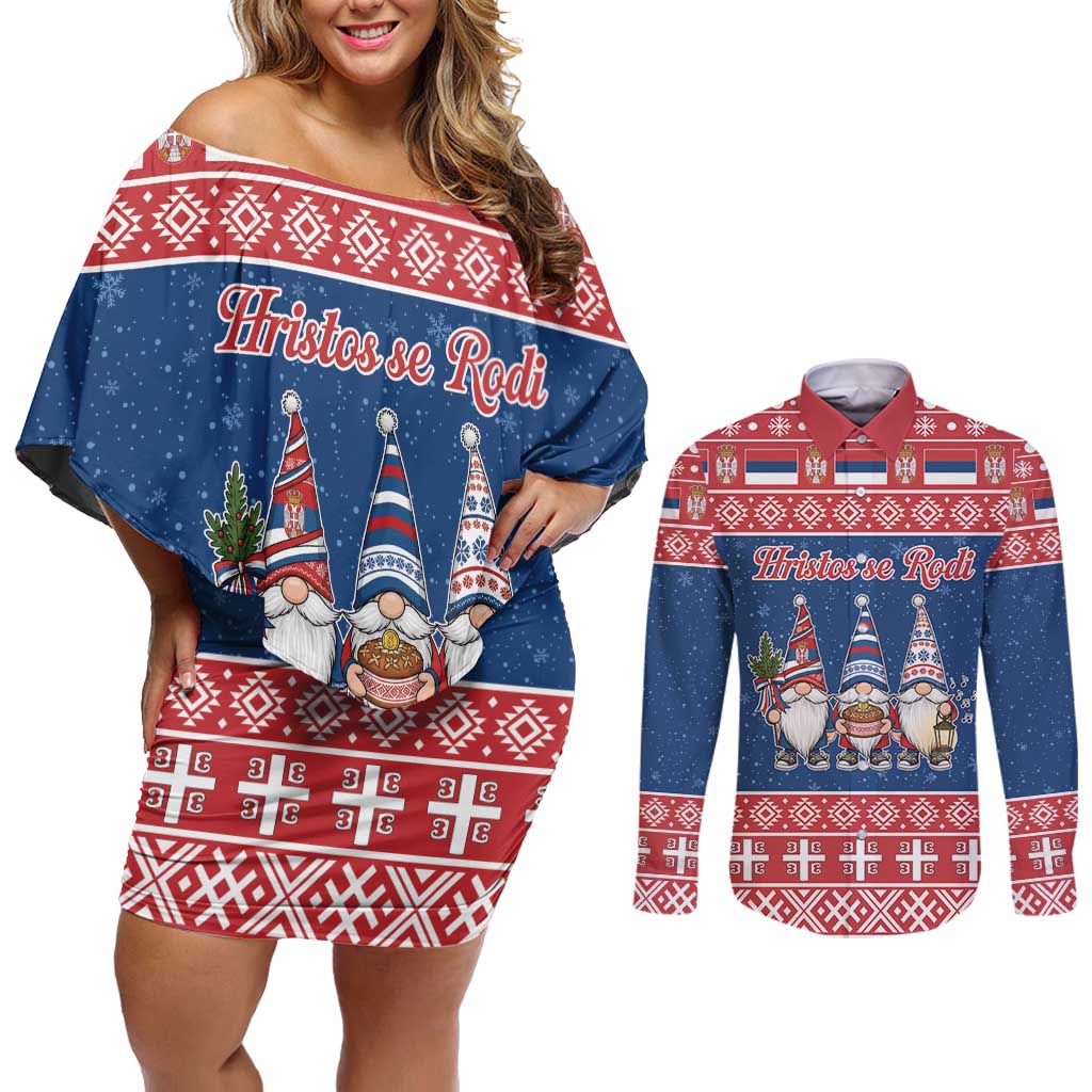Serbia Christmas Couples Matching Off Shoulder Short Dress and Long Sleeve Button Shirt Hristos Se Rodi Gnome - Wonder Print Shop