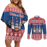 Serbia Christmas Couples Matching Off Shoulder Short Dress and Long Sleeve Button Shirt Hristos Se Rodi Gnome - Wonder Print Shop