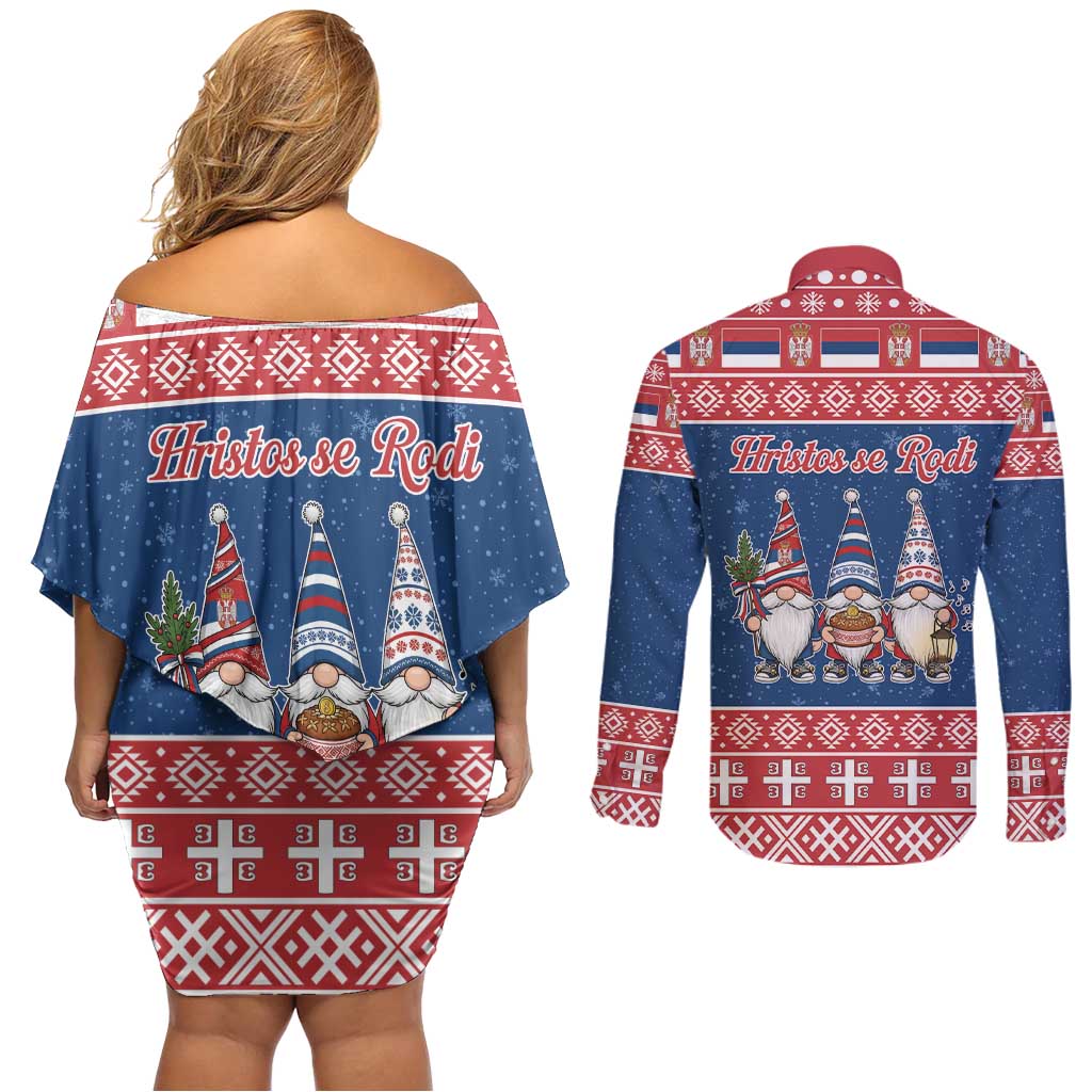Serbia Christmas Couples Matching Off Shoulder Short Dress and Long Sleeve Button Shirt Hristos Se Rodi Gnome - Wonder Print Shop
