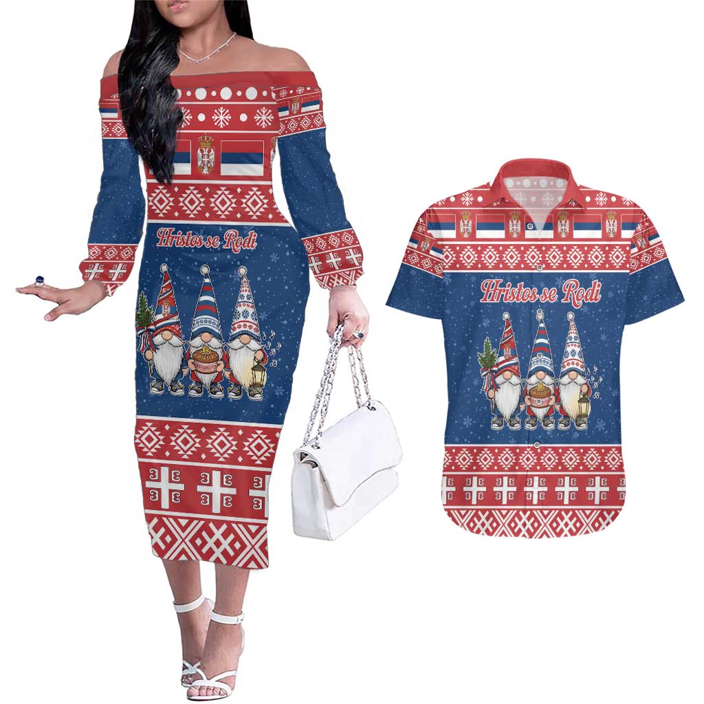 Serbia Christmas Couples Matching Off The Shoulder Long Sleeve Dress and Hawaiian Shirt Hristos Se Rodi Gnome - Wonder Print Shop