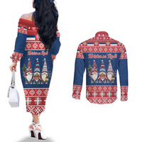 Serbia Christmas Couples Matching Off The Shoulder Long Sleeve Dress and Long Sleeve Button Shirt Hristos Se Rodi Gnome - Wonder Print Shop