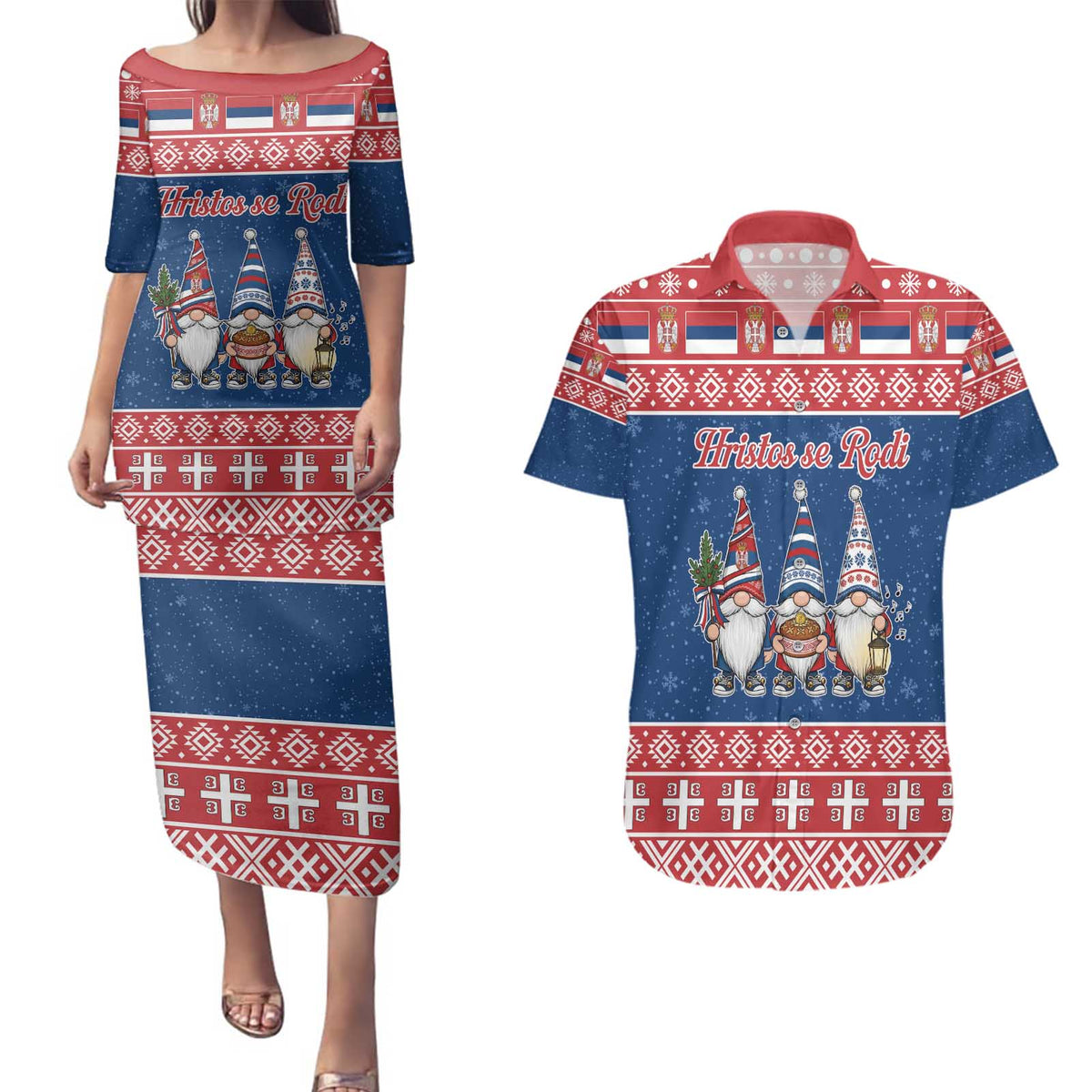 Serbia Christmas Couples Matching Puletasi and Hawaiian Shirt Hristos Se Rodi Gnome - Wonder Print Shop