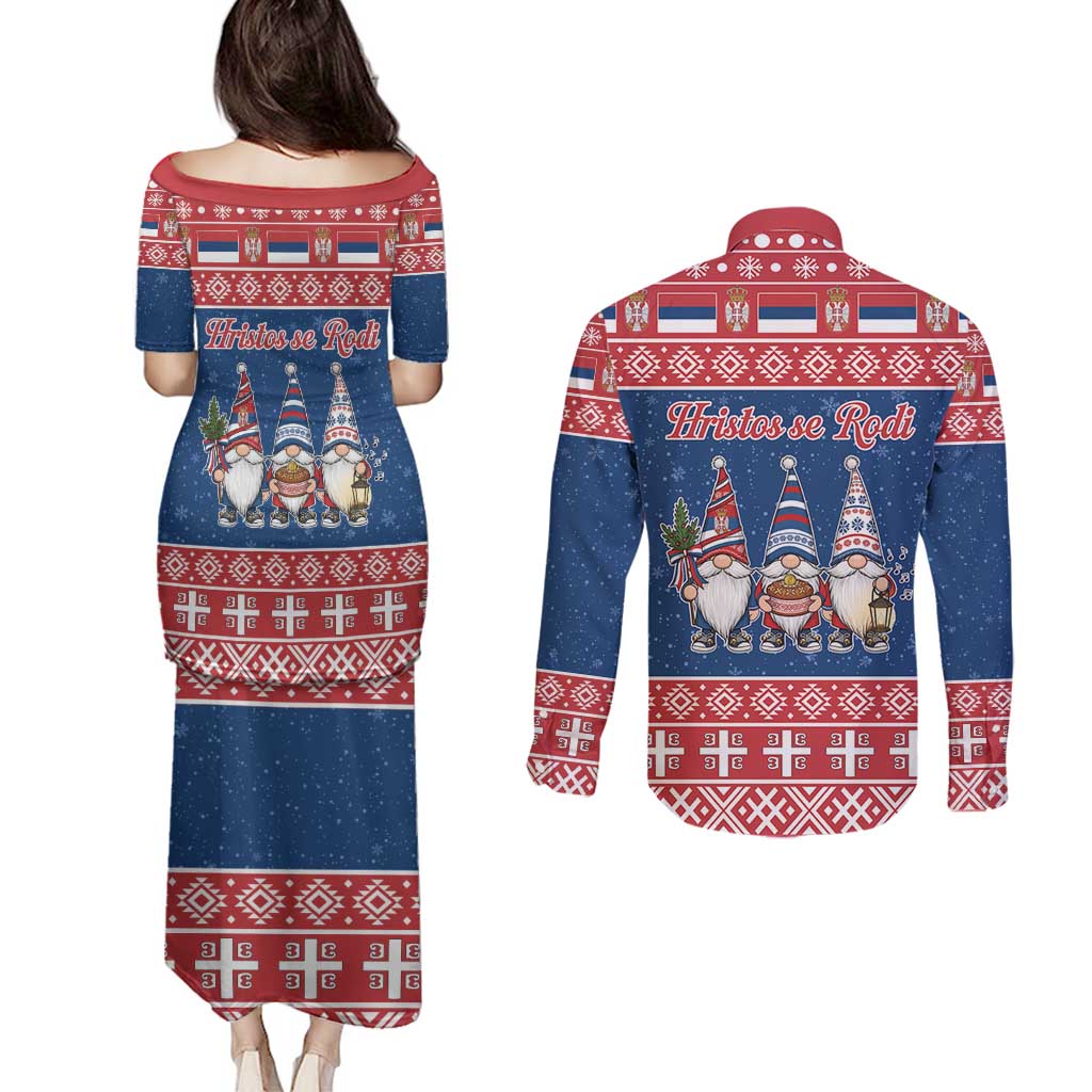 Serbia Christmas Couples Matching Puletasi and Long Sleeve Button Shirt Hristos Se Rodi Gnome - Wonder Print Shop