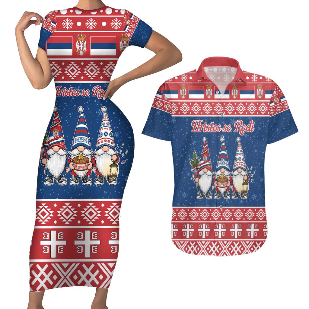 Serbia Christmas Couples Matching Short Sleeve Bodycon Dress and Hawaiian Shirt Hristos Se Rodi Gnome - Wonder Print Shop