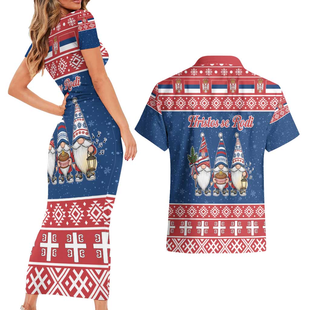 Serbia Christmas Couples Matching Short Sleeve Bodycon Dress and Hawaiian Shirt Hristos Se Rodi Gnome - Wonder Print Shop