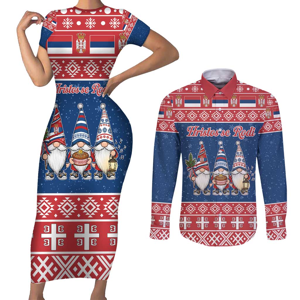 Serbia Christmas Couples Matching Short Sleeve Bodycon Dress and Long Sleeve Button Shirt Hristos Se Rodi Gnome - Wonder Print Shop