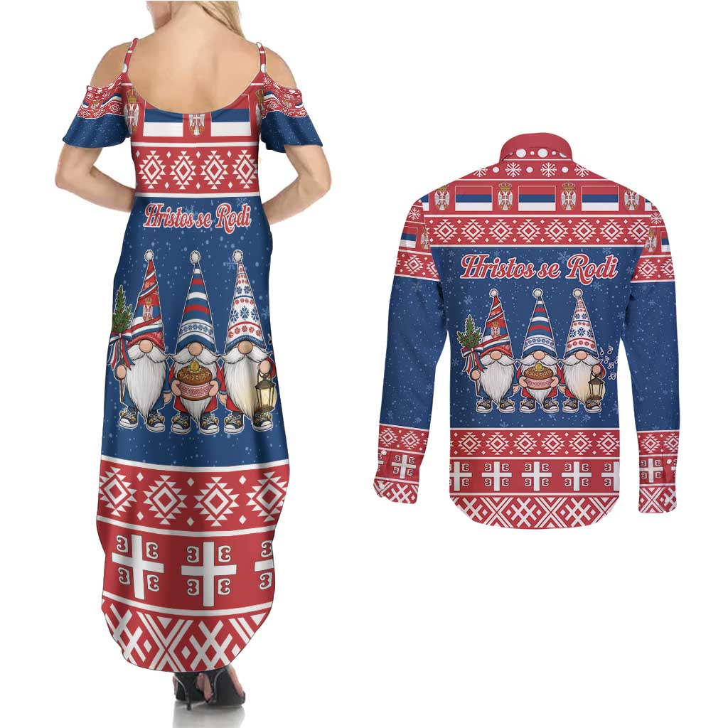 Serbia Christmas Couples Matching Summer Maxi Dress and Long Sleeve Button Shirt Hristos Se Rodi Gnome - Wonder Print Shop