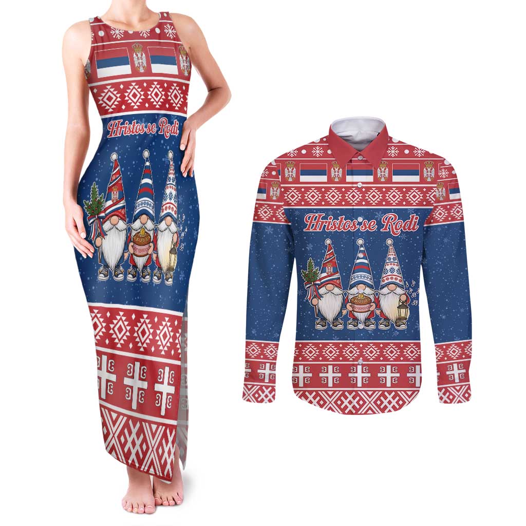Serbia Christmas Couples Matching Tank Maxi Dress and Long Sleeve Button Shirt Hristos Se Rodi Gnome - Wonder Print Shop