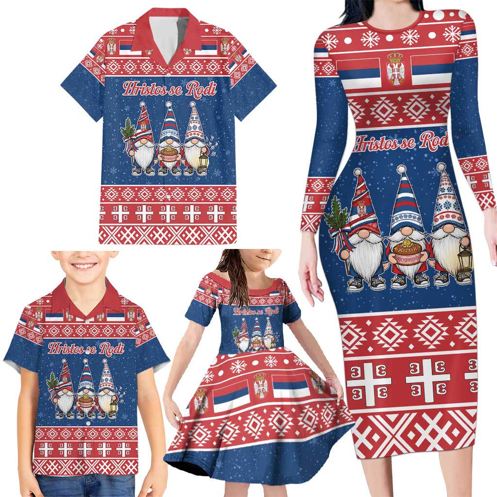 Serbia Christmas Family Matching Long Sleeve Bodycon Dress and Hawaiian Shirt Hristos Se Rodi Gnome - Wonder Print Shop