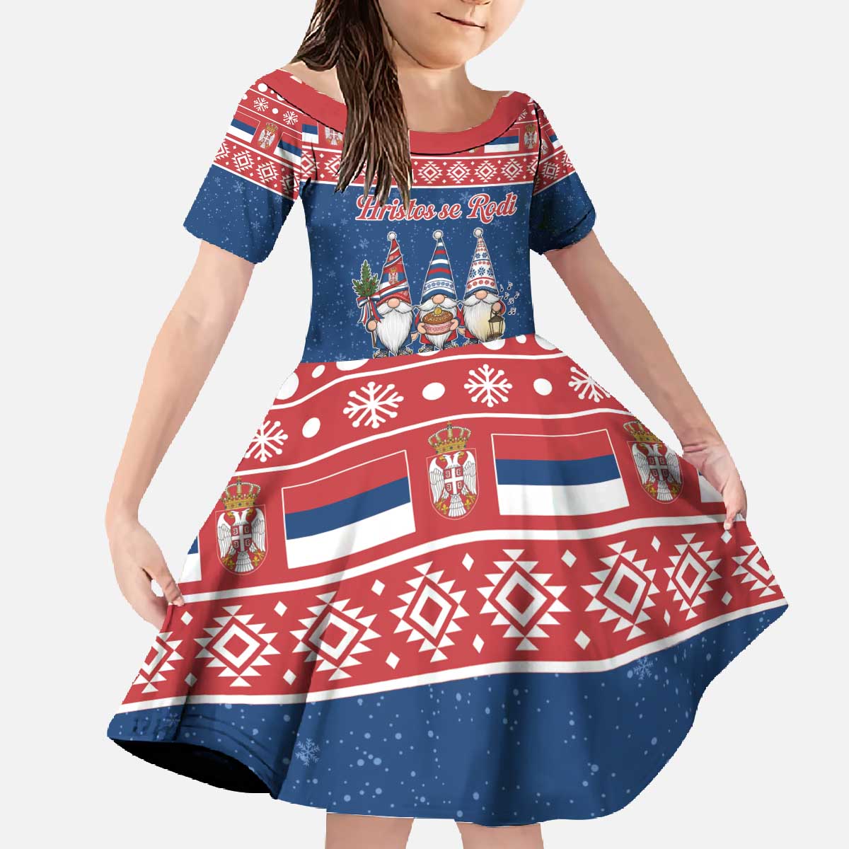 Serbia Christmas Family Matching Off The Shoulder Long Sleeve Dress and Hawaiian Shirt Hristos Se Rodi Gnome - Wonder Print Shop