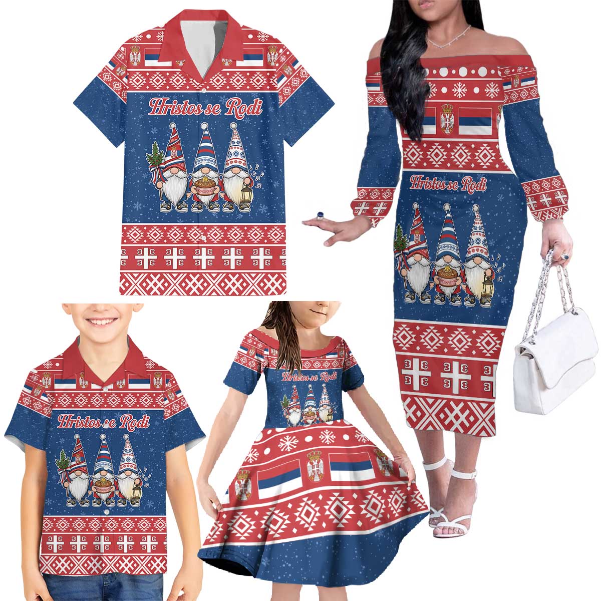 Serbia Christmas Family Matching Off The Shoulder Long Sleeve Dress and Hawaiian Shirt Hristos Se Rodi Gnome - Wonder Print Shop