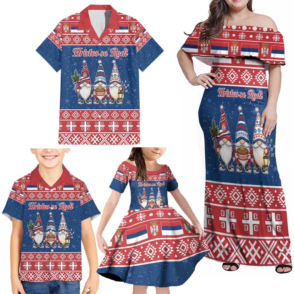 Serbia Christmas Family Matching Off Shoulder Maxi Dress and Hawaiian Shirt Hristos Se Rodi Gnome - Wonder Print Shop