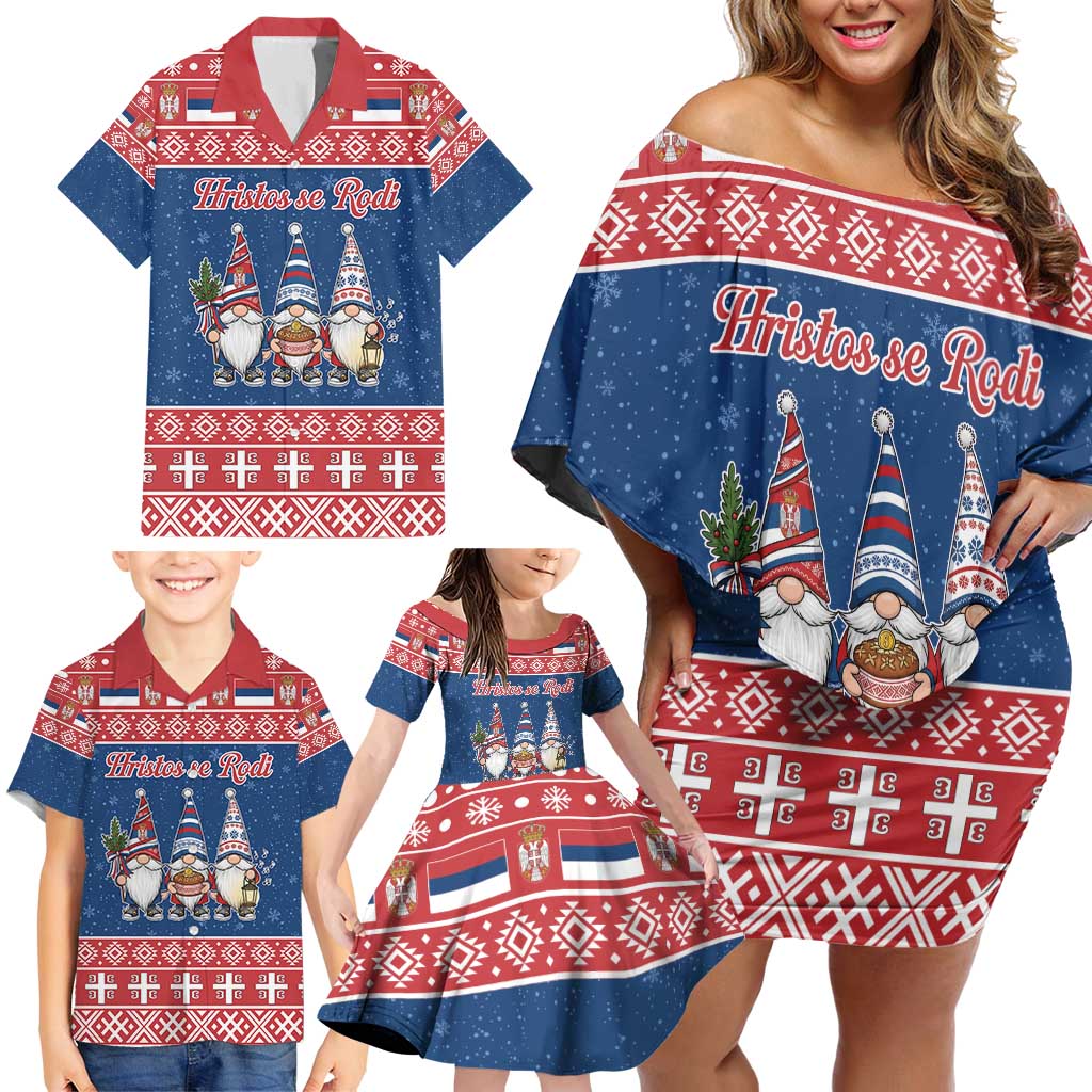 Serbia Christmas Family Matching Off Shoulder Short Dress and Hawaiian Shirt Hristos Se Rodi Gnome - Wonder Print Shop