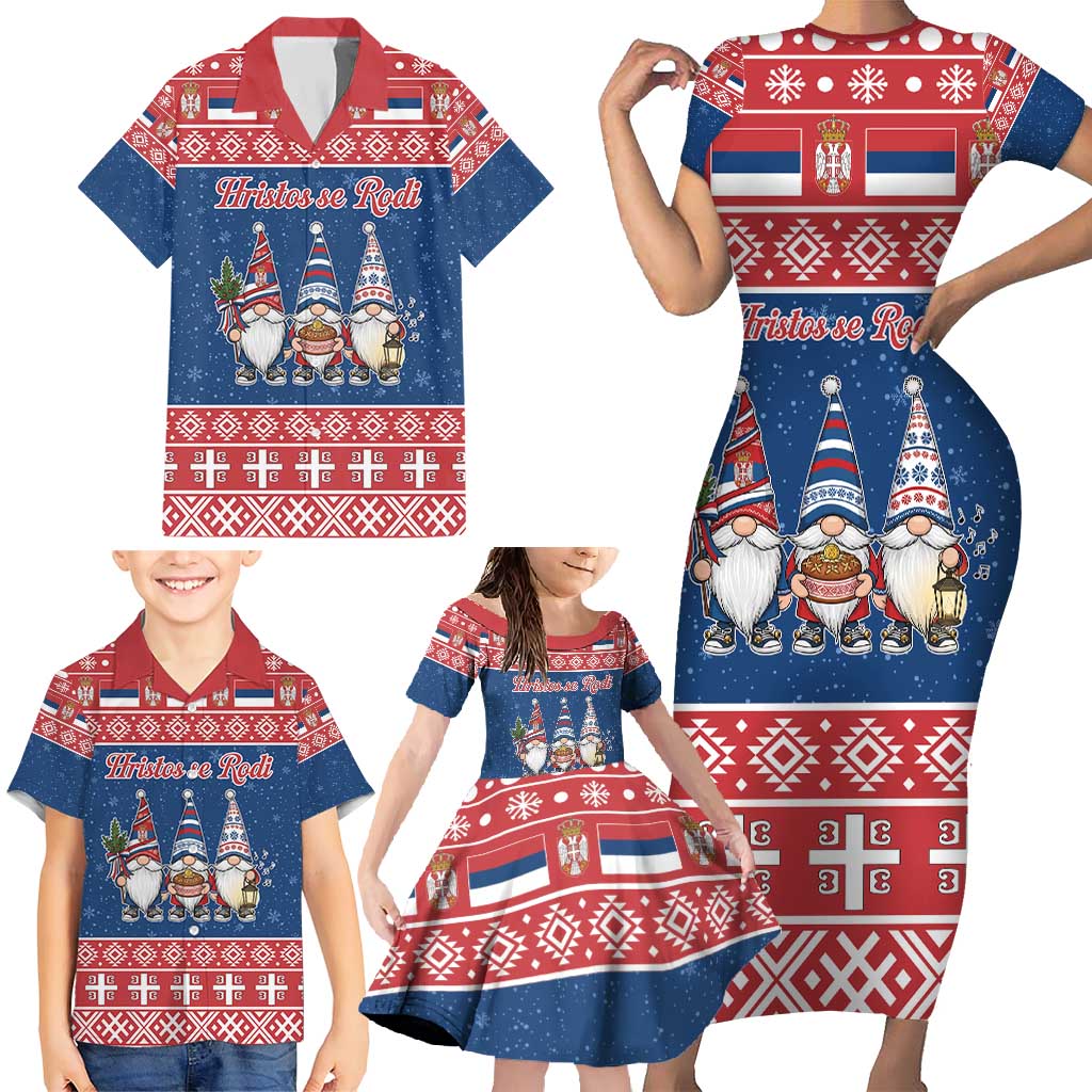 Serbia Christmas Family Matching Short Sleeve Bodycon Dress and Hawaiian Shirt Hristos Se Rodi Gnome - Wonder Print Shop