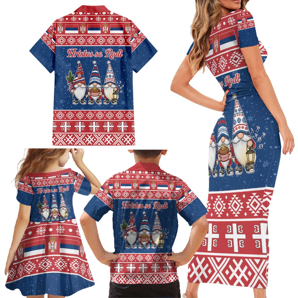 Serbia Christmas Family Matching Short Sleeve Bodycon Dress and Hawaiian Shirt Hristos Se Rodi Gnome - Wonder Print Shop