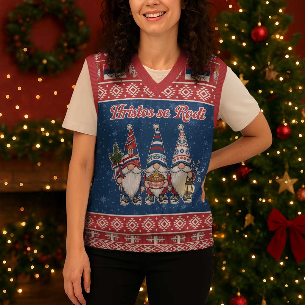 Serbia Christmas Knitted V-Neck Vest Hristos Se Rodi Gnome - Wonder Print Shop