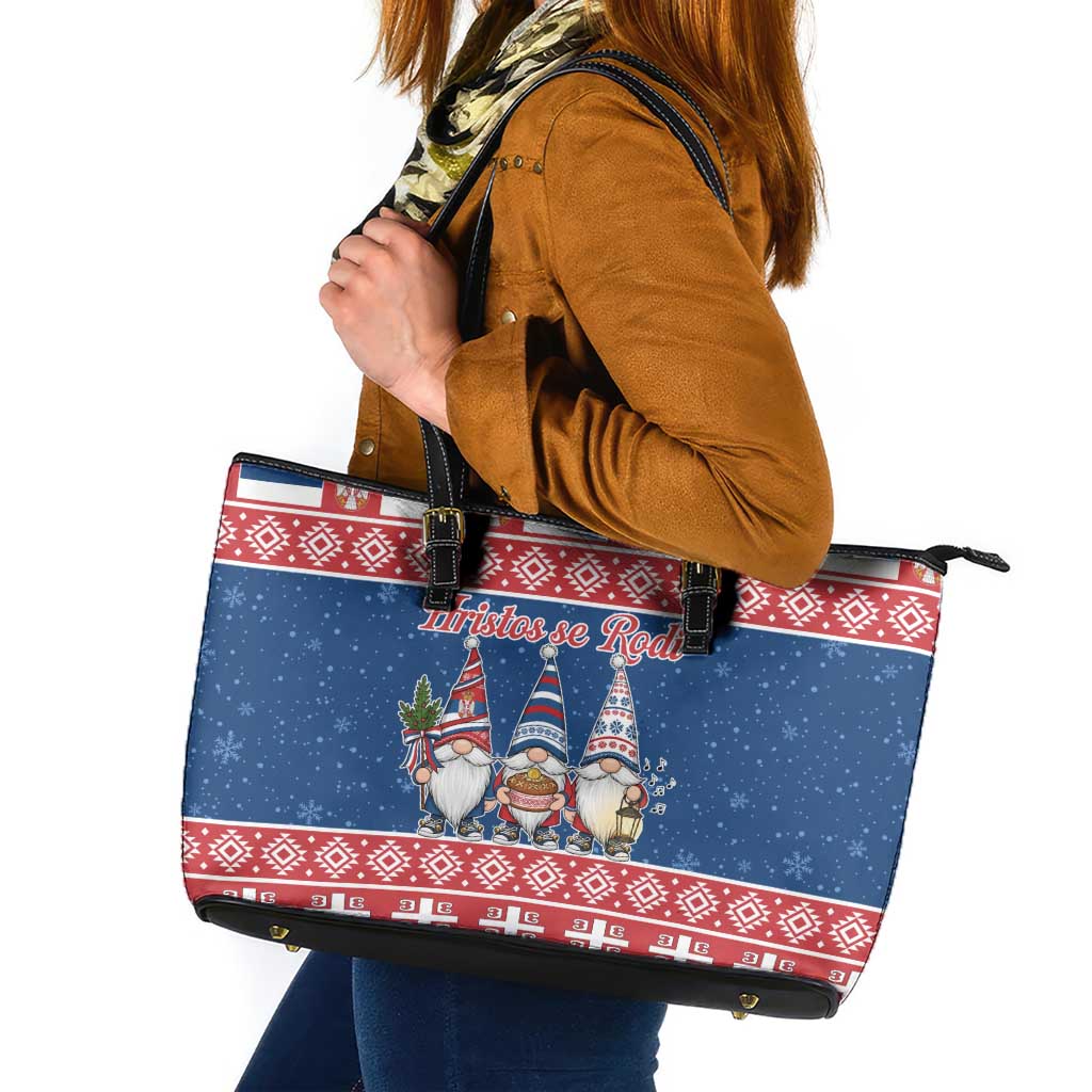 Serbia Christmas Leather Tote Bag Hristos Se Rodi Gnome - Wonder Print Shop