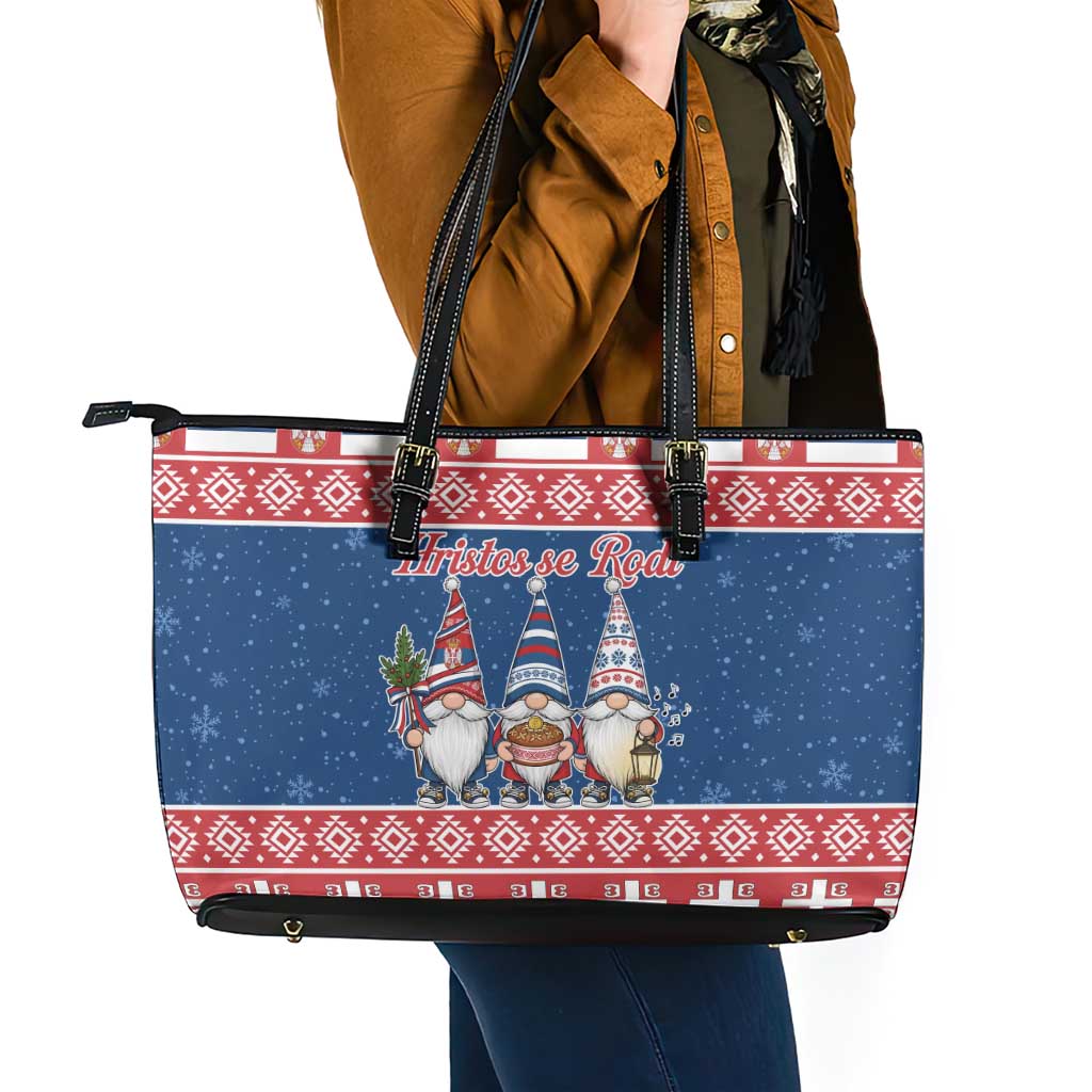 Serbia Christmas Leather Tote Bag Hristos Se Rodi Gnome - Wonder Print Shop