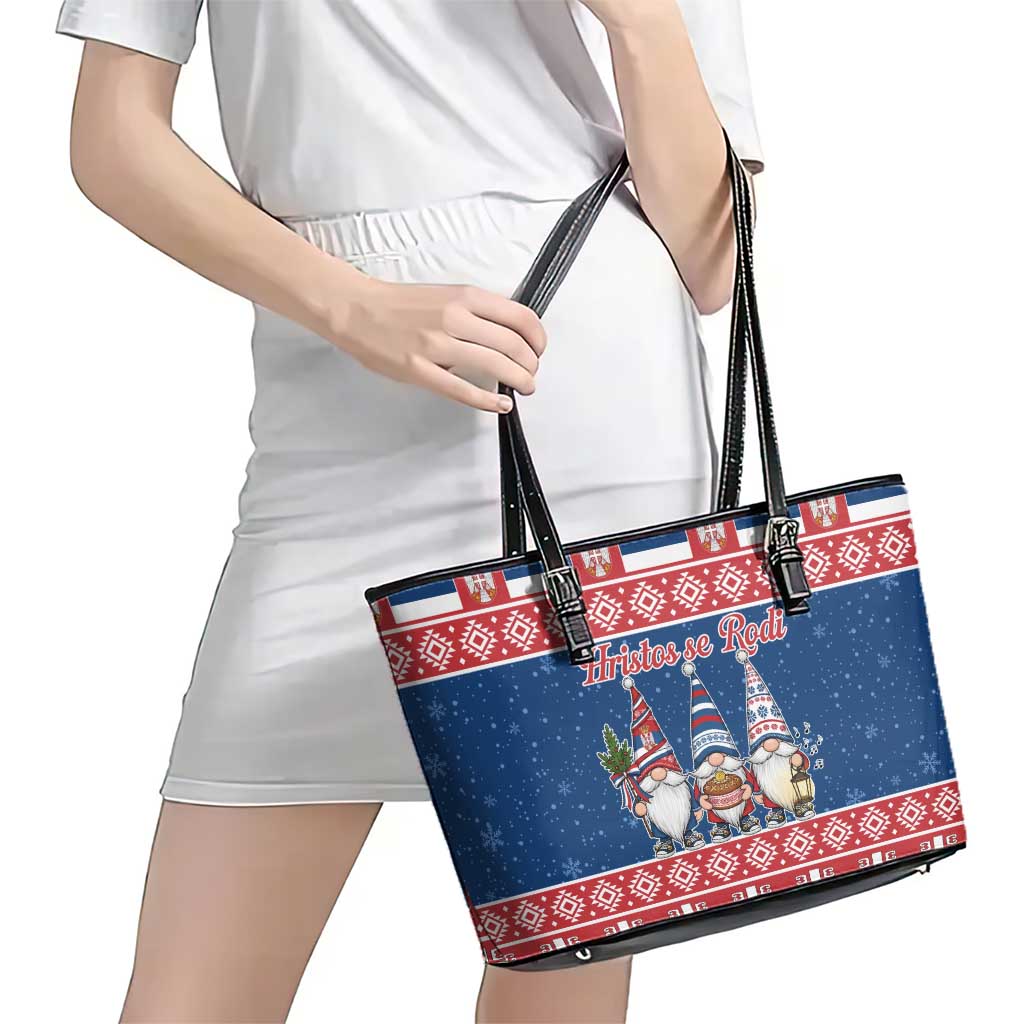 Serbia Christmas Leather Tote Bag Hristos Se Rodi Gnome - Wonder Print Shop