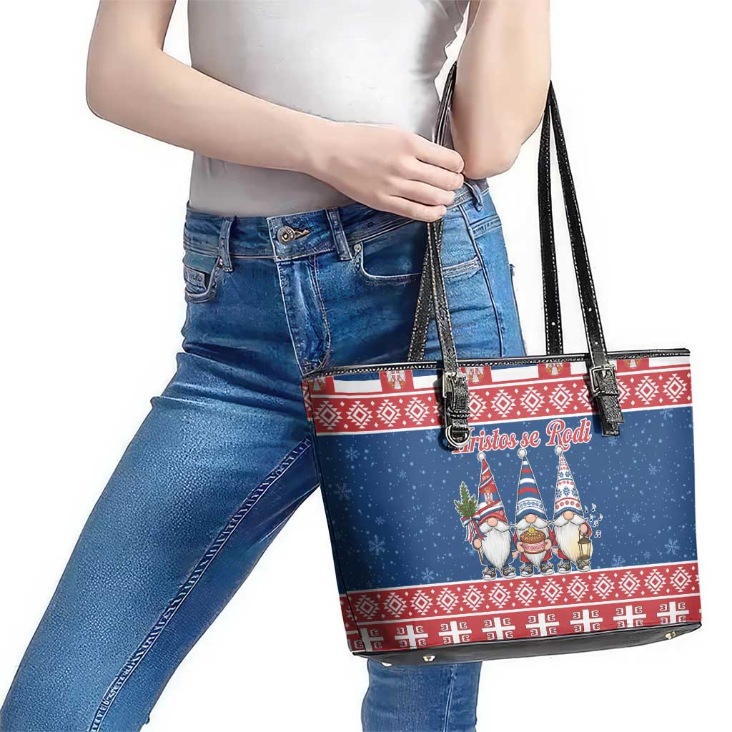 Serbia Christmas Leather Tote Bag Hristos Se Rodi Gnome - Wonder Print Shop