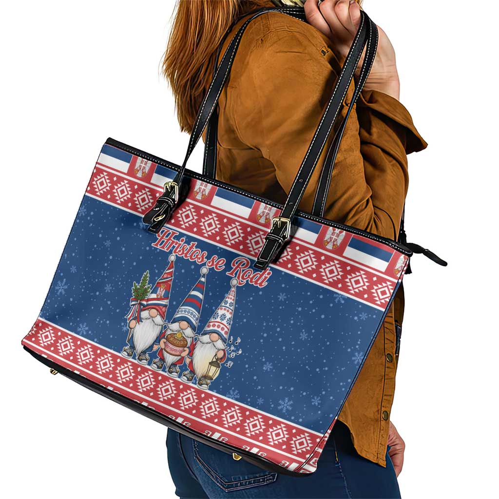 Serbia Christmas Leather Tote Bag Hristos Se Rodi Gnome - Wonder Print Shop