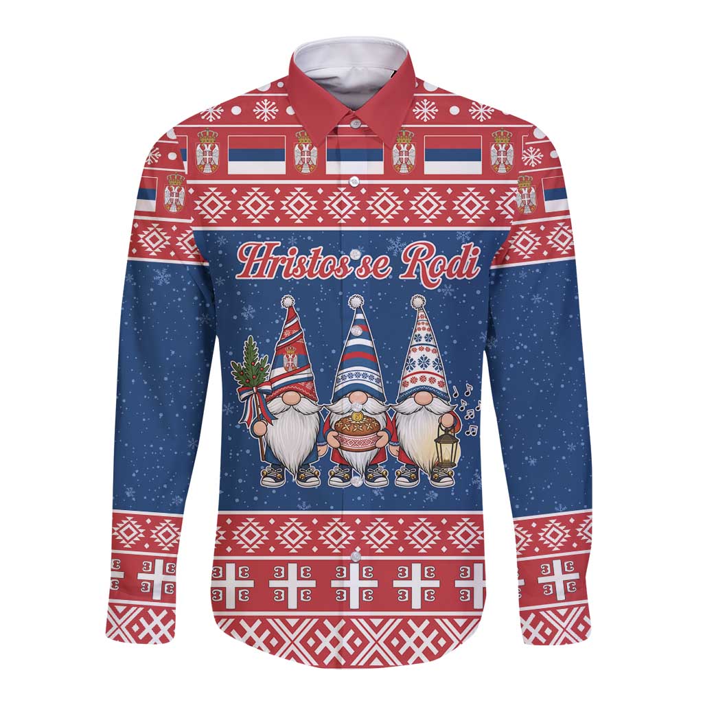 Serbia Christmas Long Sleeve Button Shirt Hristos Se Rodi Gnome - Wonder Print Shop
