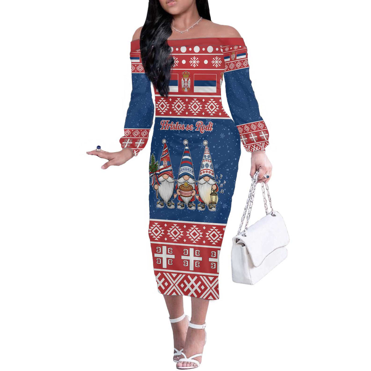 Serbia Christmas Off The Shoulder Long Sleeve Dress Hristos Se Rodi Gnome - Wonder Print Shop