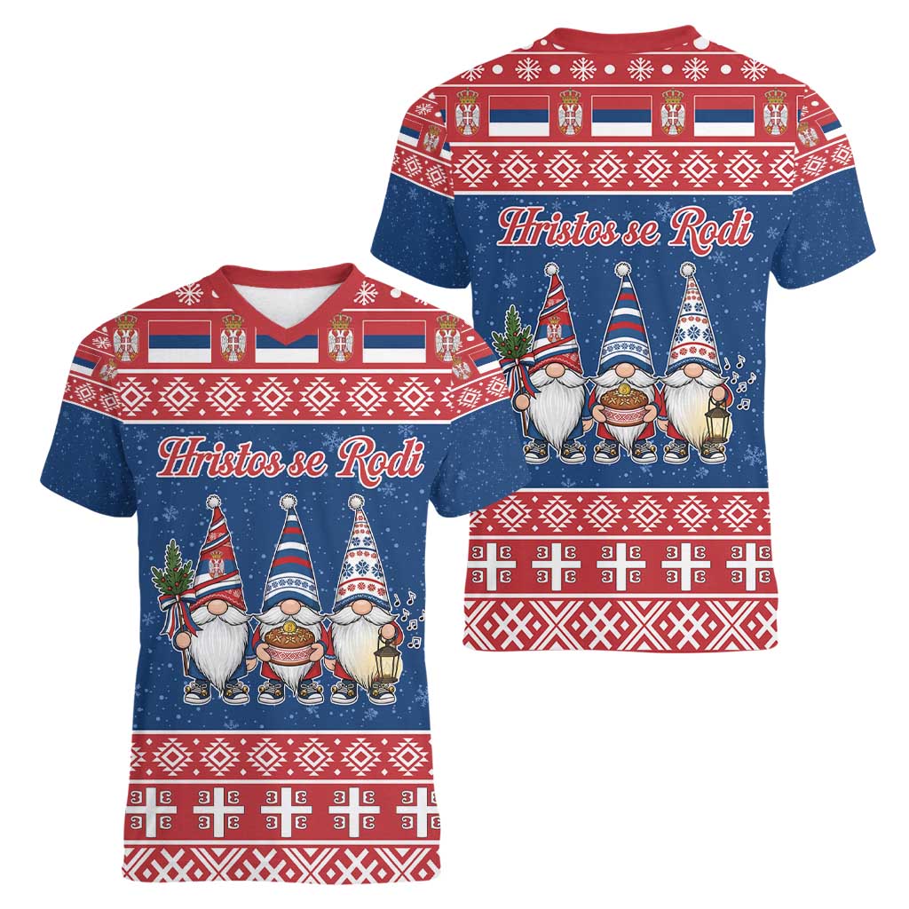 Serbia Christmas Women V-Neck T-Shirt Hristos Se Rodi Gnome - Wonder Print Shop