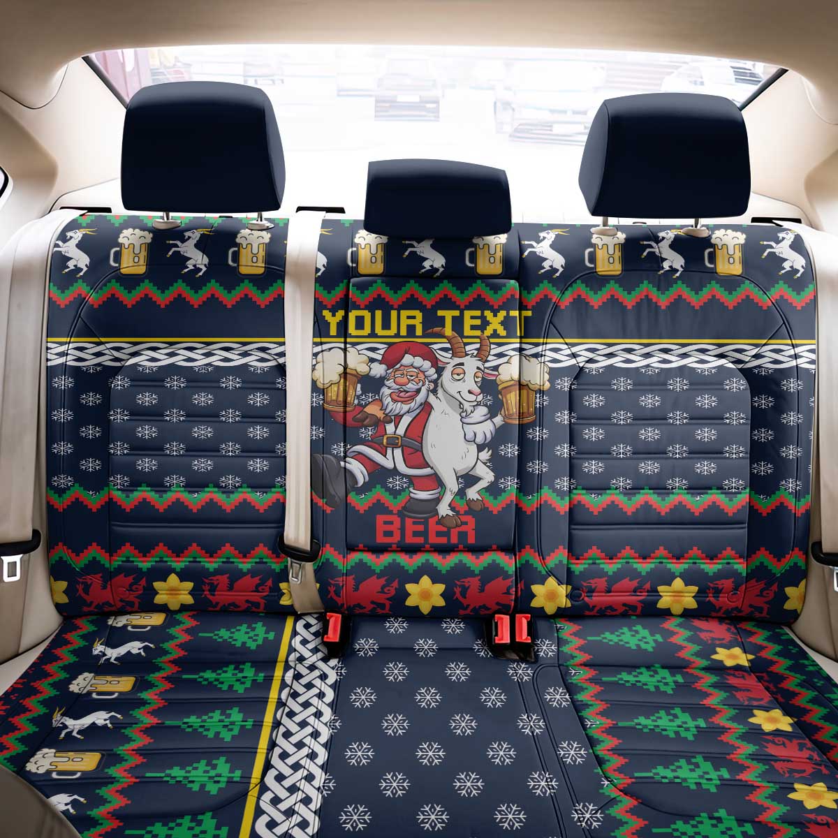 Personalized Merionethshire Wales Christmas Back Car Seat Cover Beer and Goat Santa Design - Wonder Print Shop