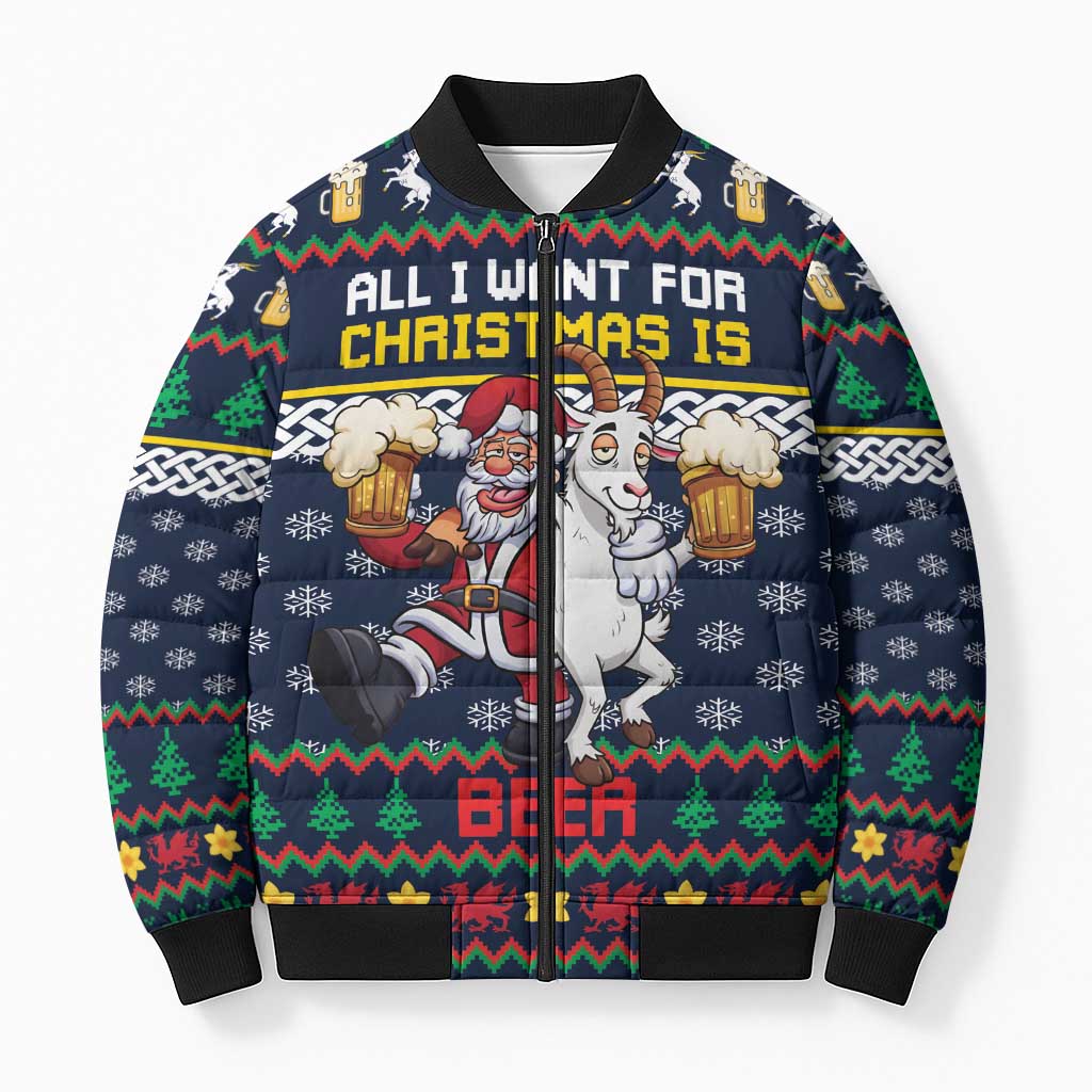 Personalized Merionethshire Wales Christmas Bomber Puffer Jacket Beer and Goat Santa Design - Wonder Print Shop