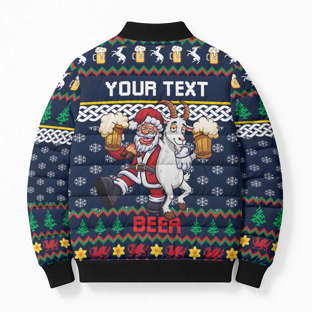 Personalized Merionethshire Wales Christmas Bomber Puffer Jacket Beer and Goat Santa Design - Wonder Print Shop