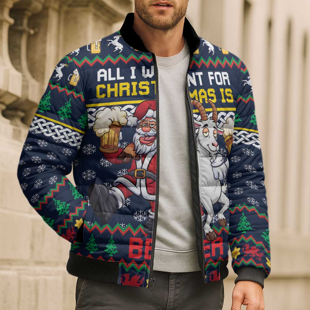 Personalized Merionethshire Wales Christmas Bomber Puffer Jacket Beer and Goat Santa Design - Wonder Print Shop