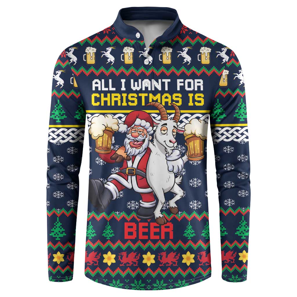 Personalized Merionethshire Wales Christmas Button Sweatshirt Beer and Goat Santa Design - Wonder Print Shop