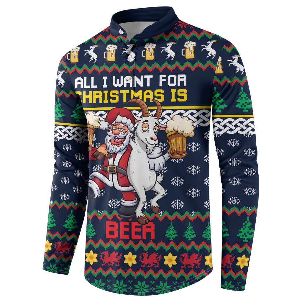 Personalized Merionethshire Wales Christmas Button Sweatshirt Beer and Goat Santa Design - Wonder Print Shop