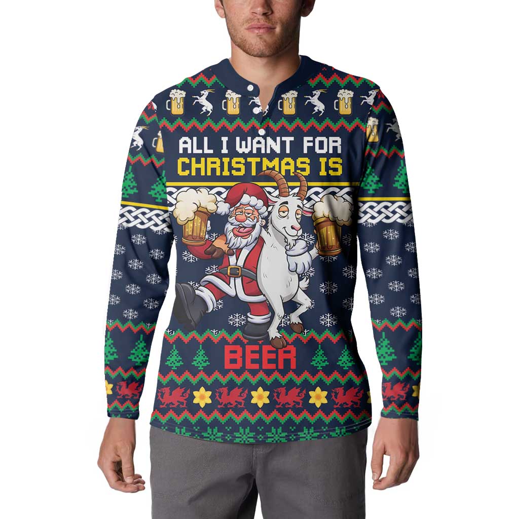 Personalized Merionethshire Wales Christmas Button Sweatshirt Beer and Goat Santa Design - Wonder Print Shop