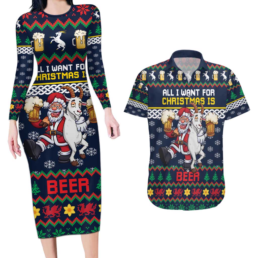 Personalized Merionethshire Wales Christmas Couples Matching Long Sleeve Bodycon Dress and Hawaiian Shirt Beer and Goat Santa Design - Wonder Print Shop