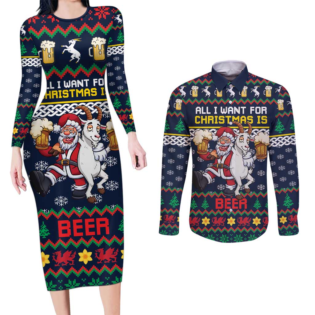Personalized Merionethshire Wales Christmas Couples Matching Long Sleeve Bodycon Dress and Long Sleeve Button Shirt Beer and Goat Santa Design - Wonder Print Shop