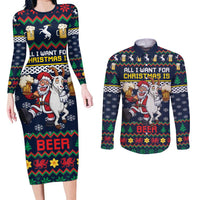 Personalized Merionethshire Wales Christmas Couples Matching Long Sleeve Bodycon Dress and Long Sleeve Button Shirt Beer and Goat Santa Design - Wonder Print Shop