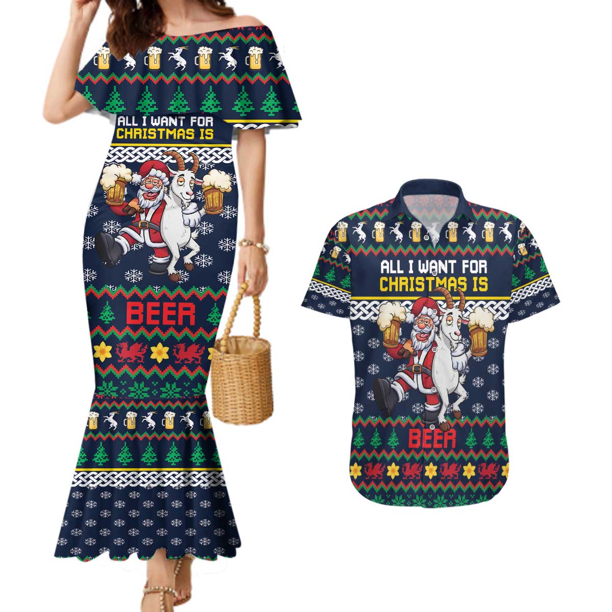 Personalized Merionethshire Wales Christmas Couples Matching Mermaid Dress and Hawaiian Shirt Beer and Goat Santa Design - Wonder Print Shop