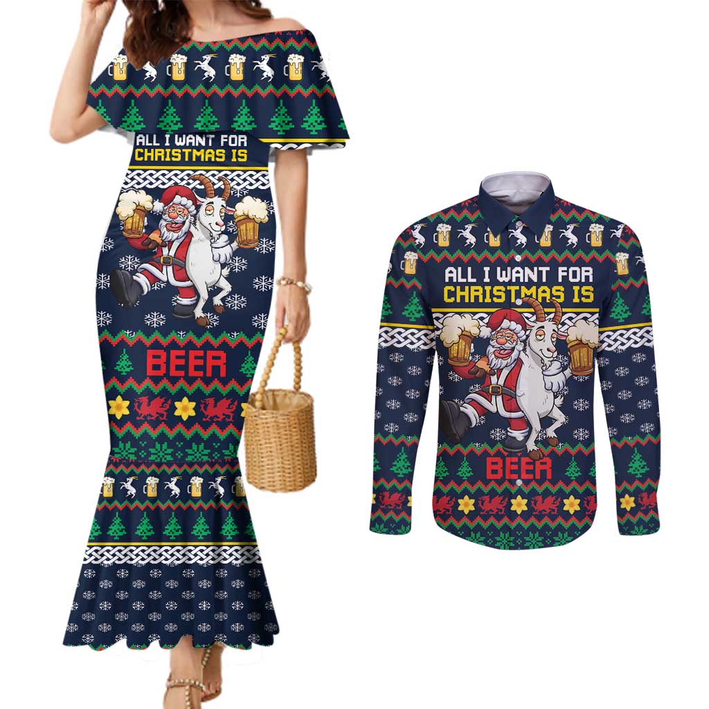 Personalized Merionethshire Wales Christmas Couples Matching Mermaid Dress and Long Sleeve Button Shirt Beer and Goat Santa Design - Wonder Print Shop