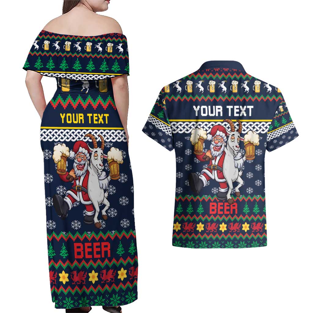 Personalized Merionethshire Wales Christmas Couples Matching Off Shoulder Maxi Dress and Hawaiian Shirt Beer and Goat Santa Design - Wonder Print Shop