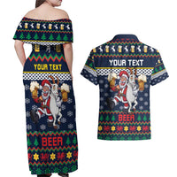 Personalized Merionethshire Wales Christmas Couples Matching Off Shoulder Maxi Dress and Hawaiian Shirt Beer and Goat Santa Design - Wonder Print Shop
