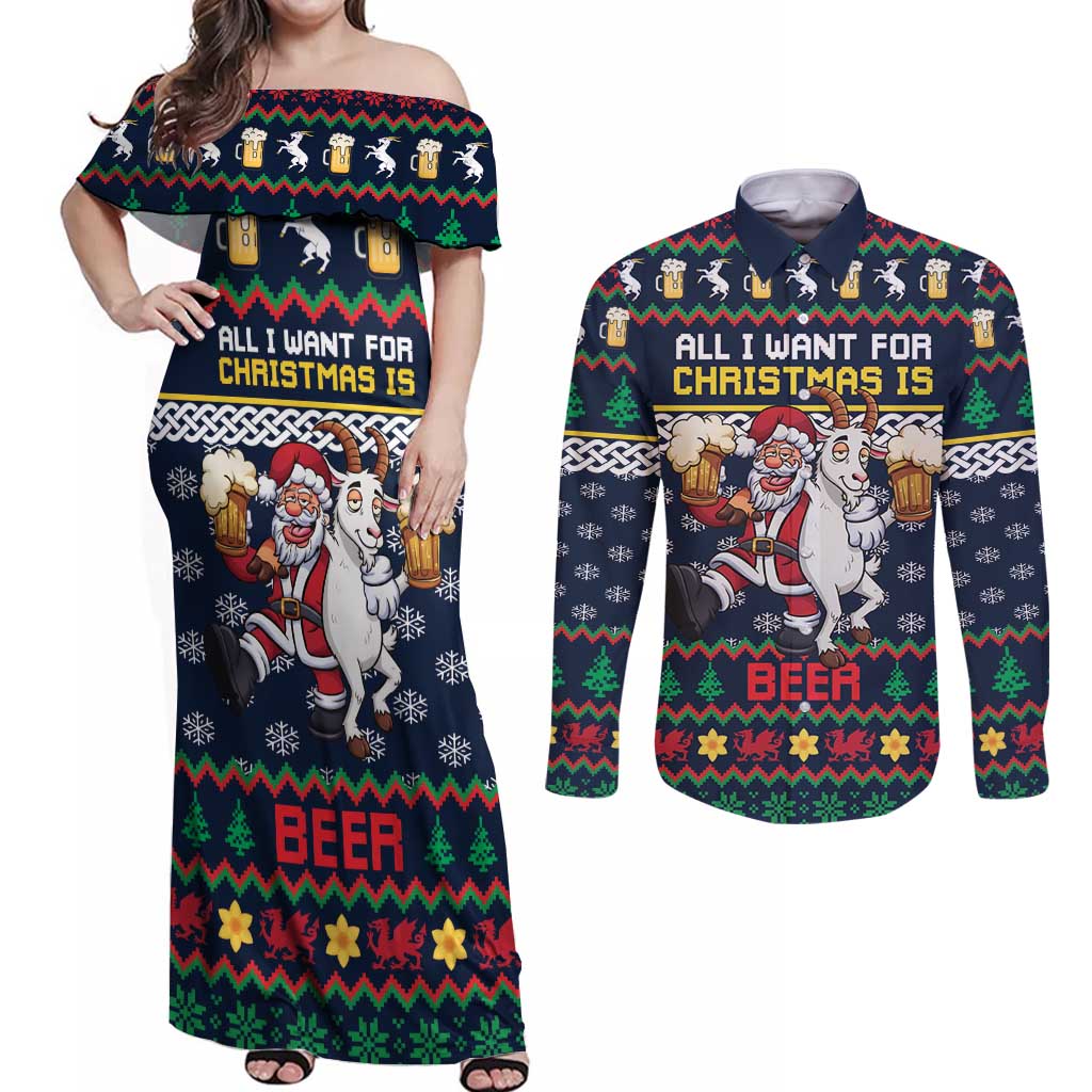 Personalized Merionethshire Wales Christmas Couples Matching Off Shoulder Maxi Dress and Long Sleeve Button Shirt Beer and Goat Santa Design - Wonder Print Shop